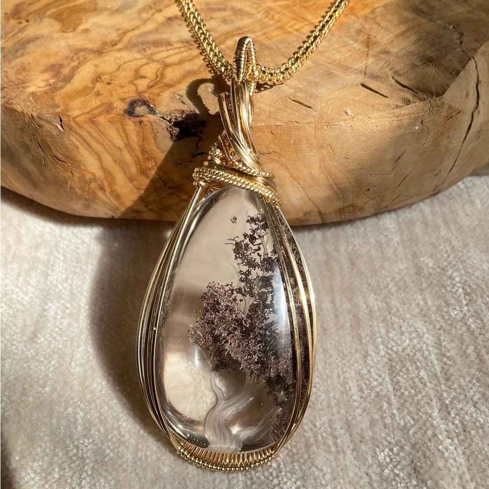 14k Gold Filled  Lodolite Quartz Unisex Tree of Life Carved Necklace Pendant